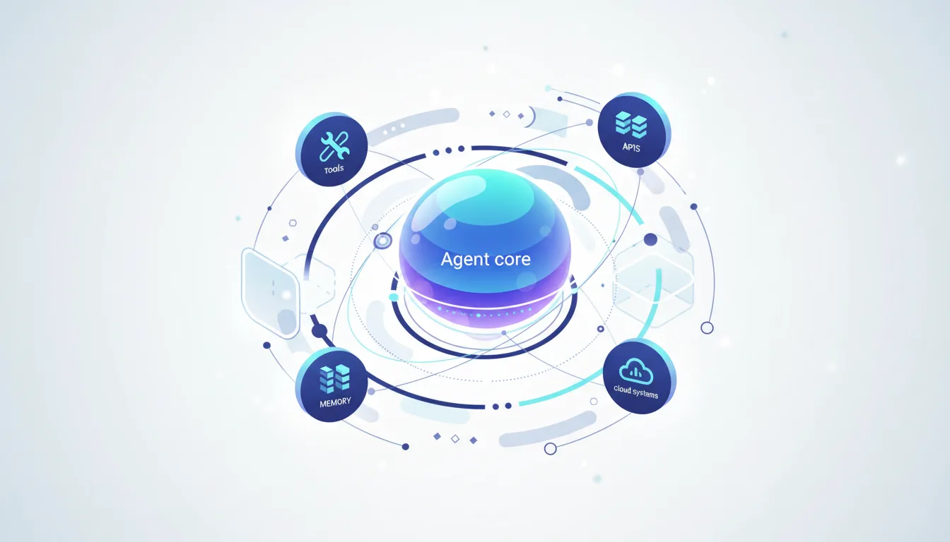 Agent core at the center, connected to memory, tools, APIs, and cloud systems, illustrating agentic AI architecture.