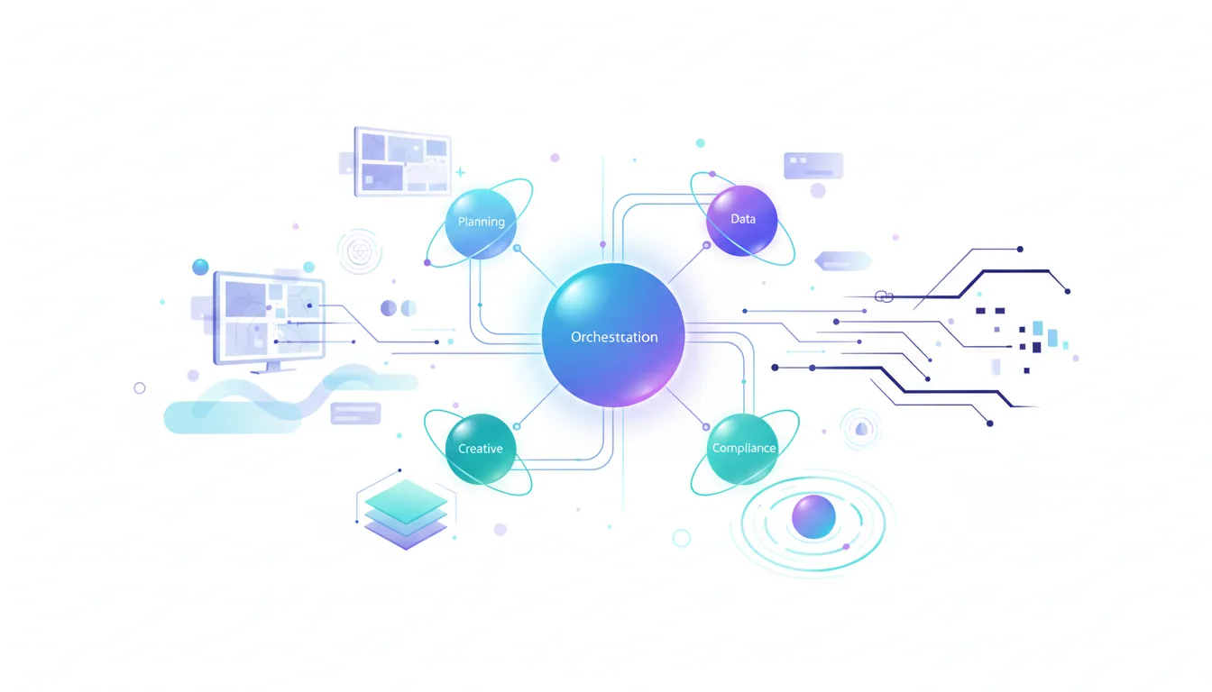 Abstract diagram showing Orchestration at the center, connected to Planning, Creative, Data, and Compliance nodes, illustrating agentic AI in ad-tech.