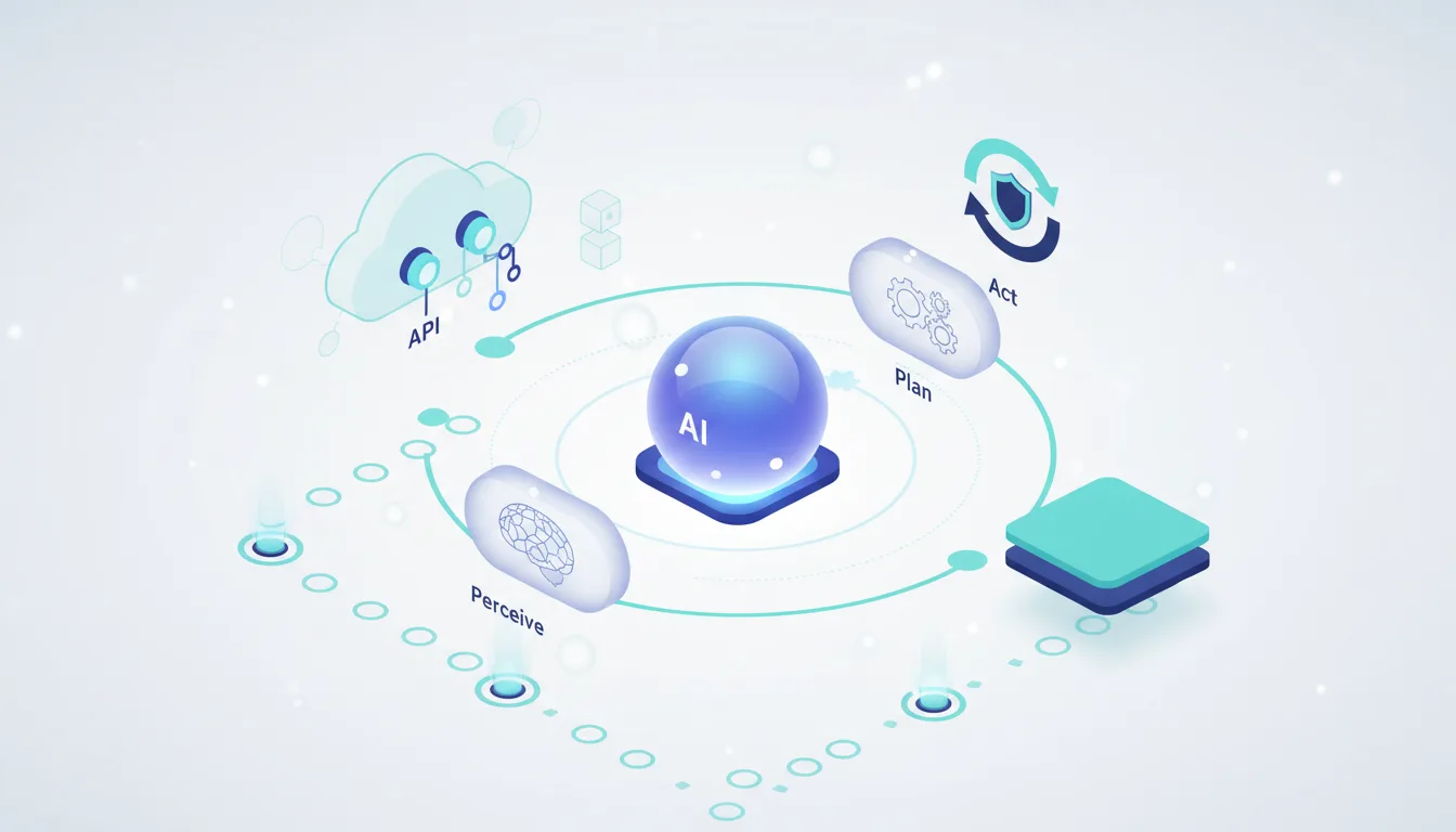 Diagram illustrating the agentic AI cycle: Perceive, Plan, Act, with AI at the center and cloud API integration.