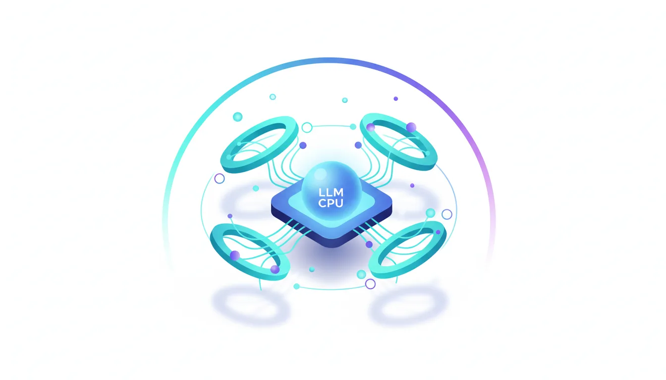 Abstract illustration of an LLM CPU core connected to four orbiting rings, symbolizing autonomous AI agent systems.