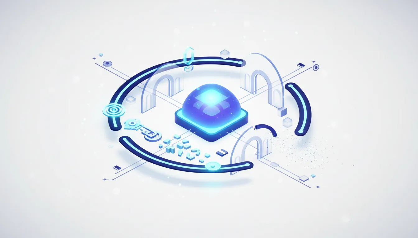 Abstract digital representation of a secure financial agent system with a glowing core, key, and protective arches.