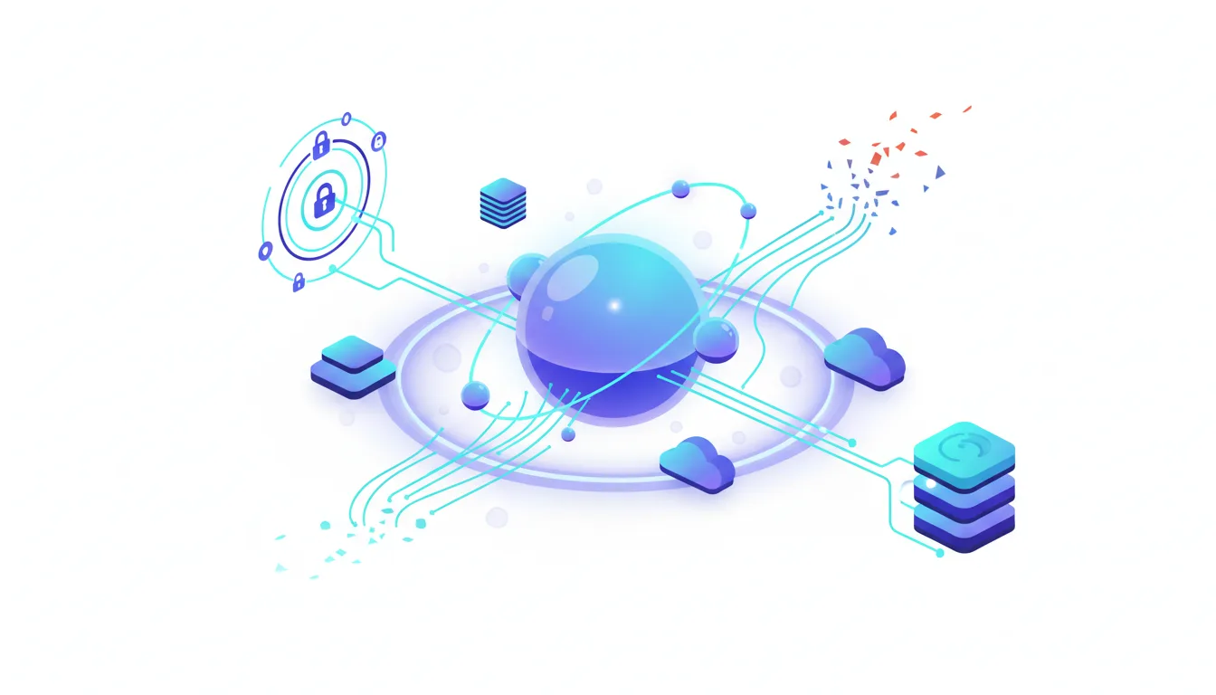 Abstract visualization of agentic AI connecting to cloud services and security protocols, highlighting potential infrastructure vulnerabilities.