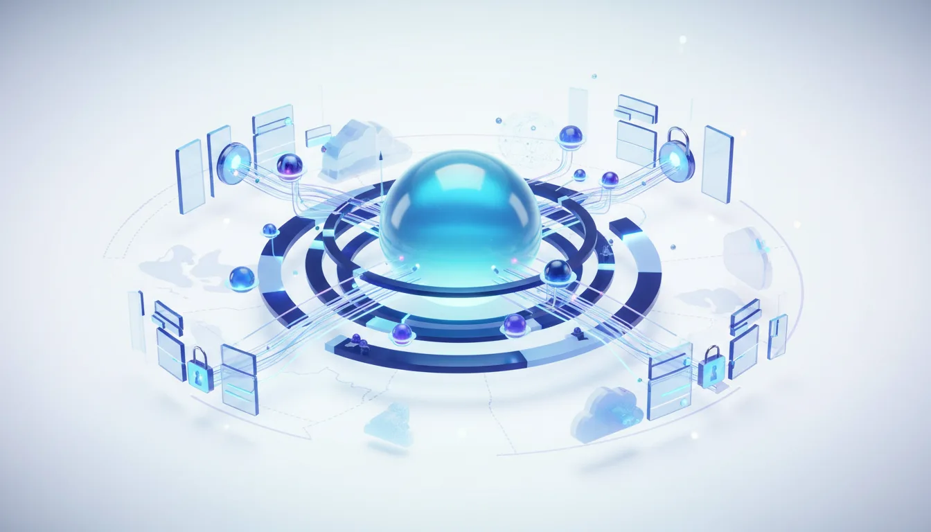 Abstract visualization of agentic AI security with a central sphere connected to nodes representing cloud services, data, and security locks.