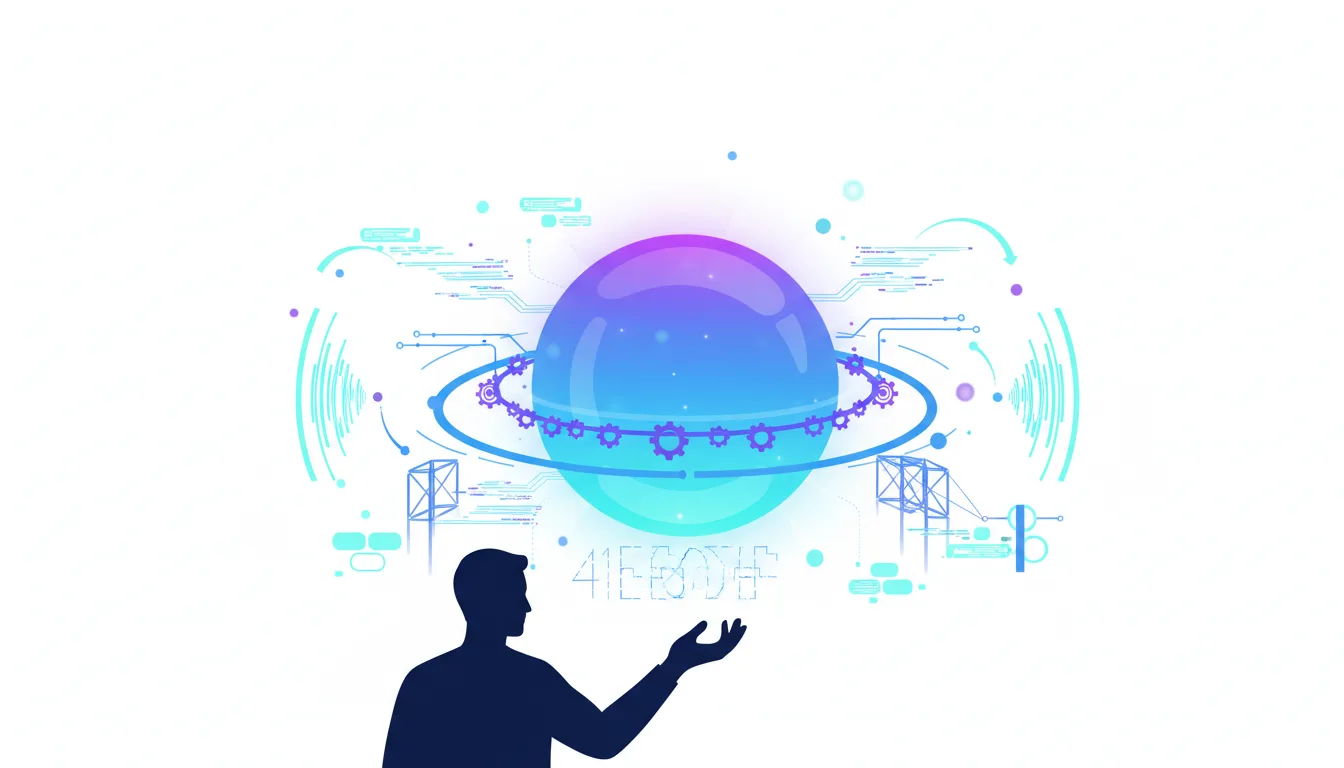 Silhouette of a person holding up a glowing orb with gears and circuitry, symbolizing AI integration in software engineering.
