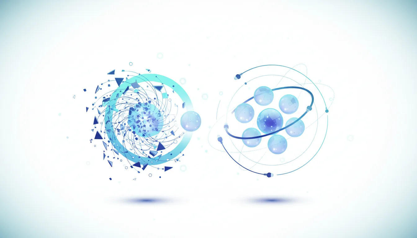 Abstract blue digital art depicting fragmented particles forming a spiral and a cluster of spheres orbiting a central nucleus, symbolizing AI agent standardization.