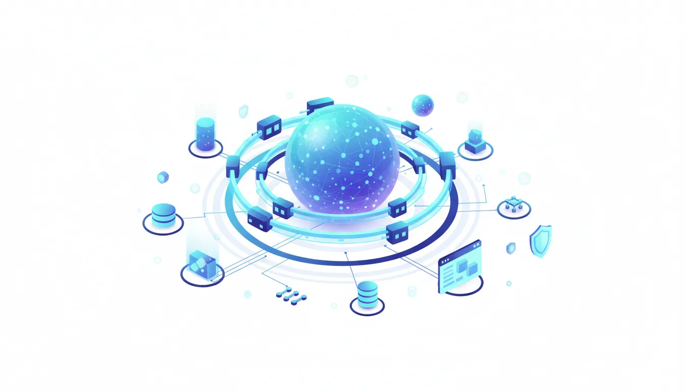 Abstract visualization of a central glowing sphere connected to various nodes representing data, security, and applications, symbolizing agentic AI's enterprise integration.