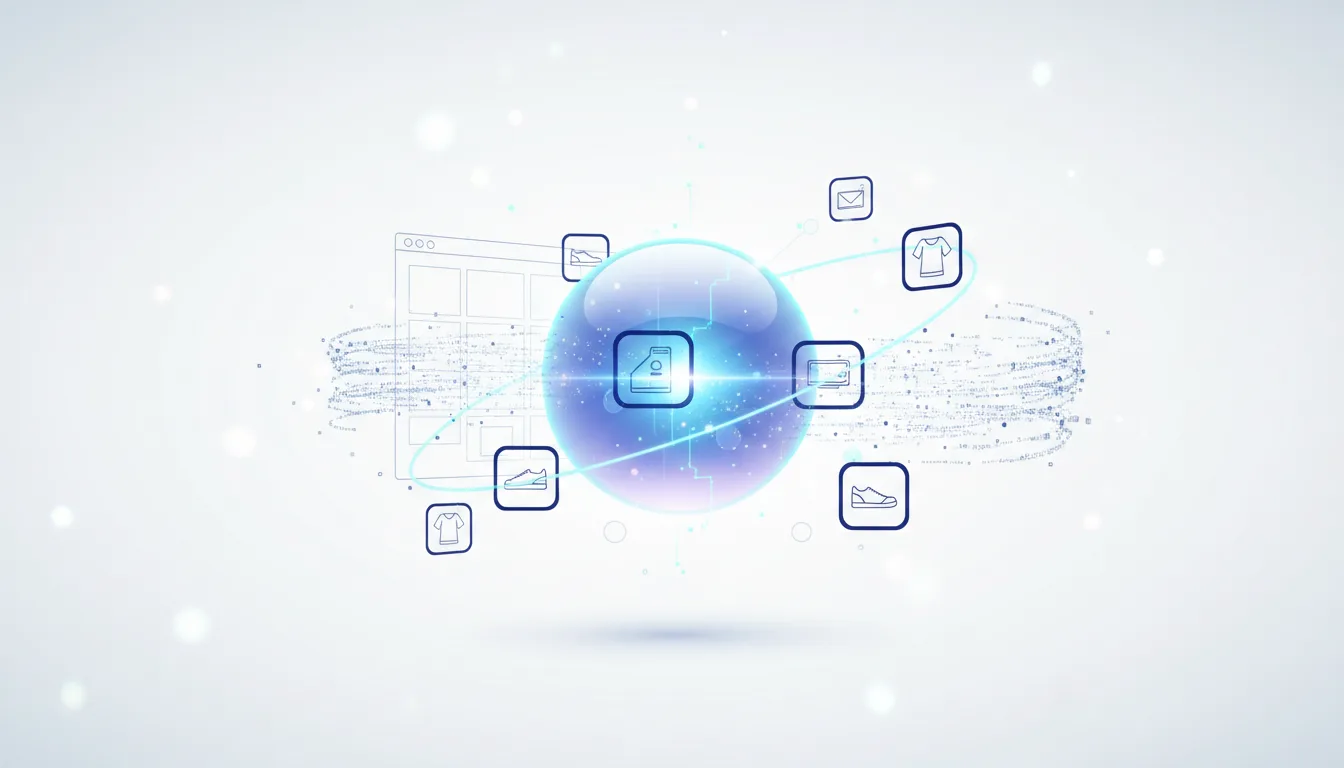 Abstract visualization of Agentic Commerce with a central glowing sphere connecting various shopping icons and a website interface, representing AI-driven autonomous purchasing.