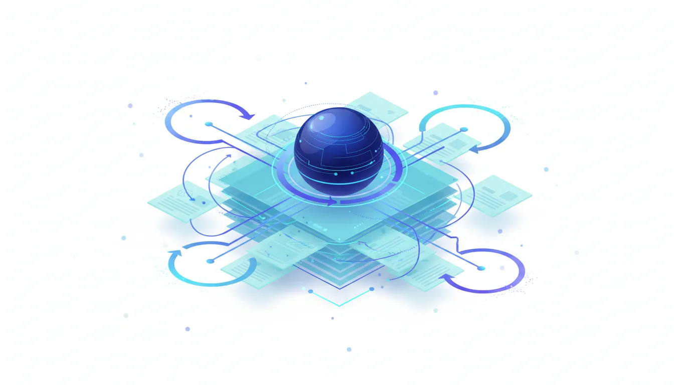 Abstract visualization of a blue sphere at the center of stacked digital documents, connected by glowing blue lines and circular arrows, representing agentic search in AI.