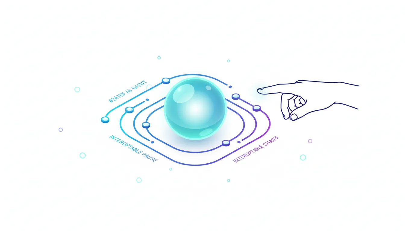 A hand reaching out to touch a glowing orb surrounded by circular pathways labeled interruptible pause and interruptible chaff, representing AI system control.