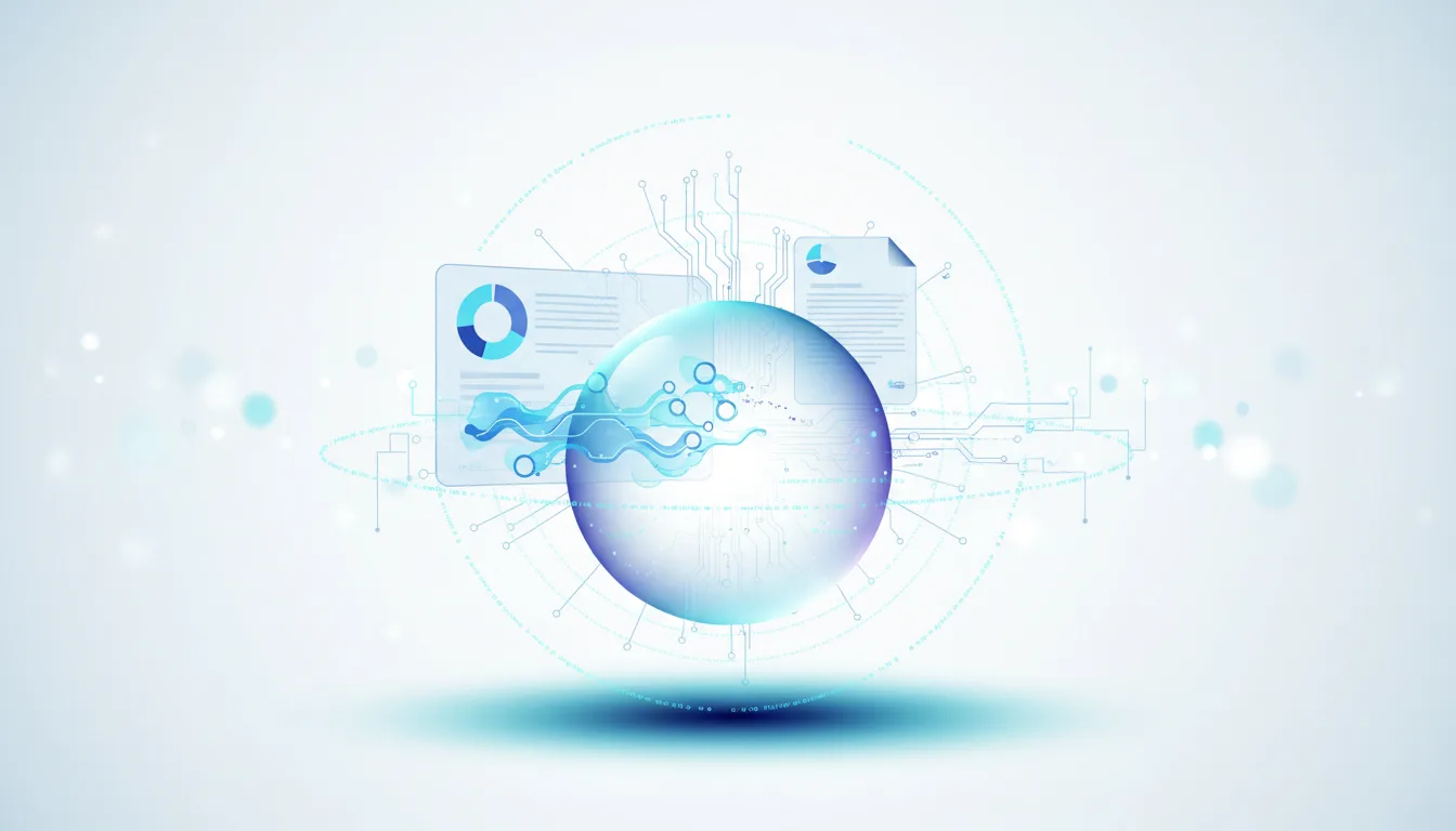 Abstract visualization of a glowing sphere with circuits and data charts, representing Google's Agentic Vision for AI image analysis and reliable workflows.