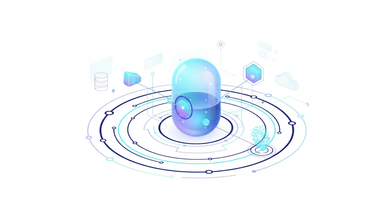 Abstract visualization of an AI agent's core, surrounded by biometric security, data, and cloud elements, representing secure autonomous AI.