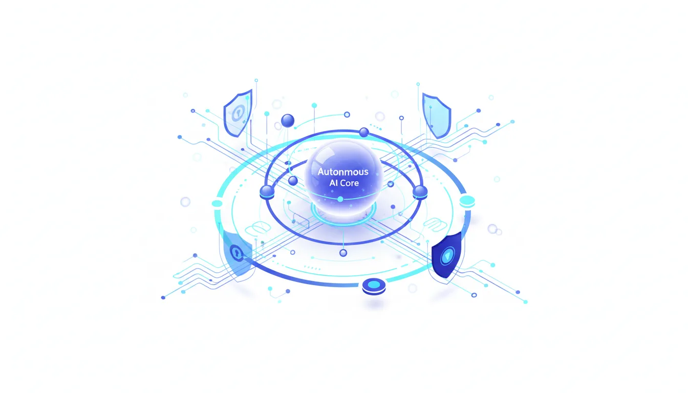 Abstract visualization of an Autonomous AI Core with protective shields and interconnected digital pathways, representing AI governance and security.