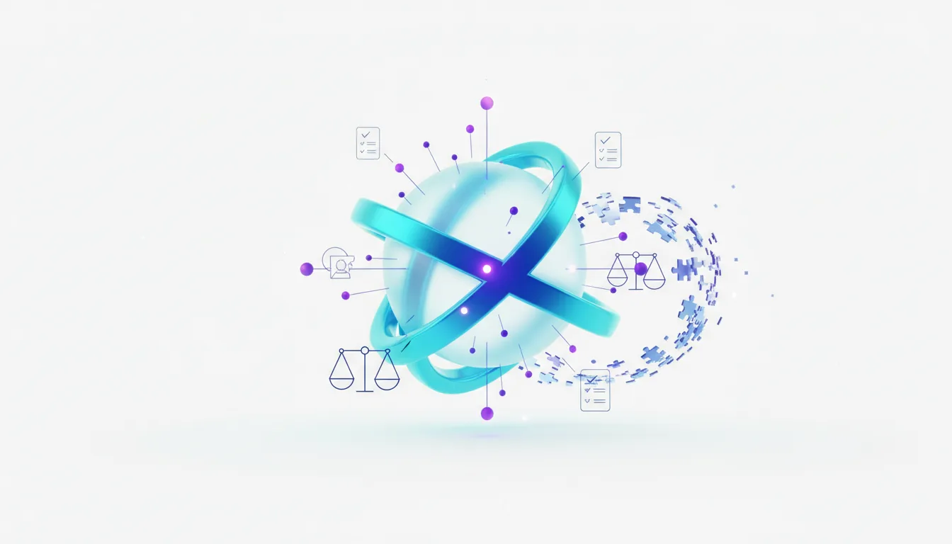 Abstract visualization of AGI with a glowing sphere, orbiting rings, puzzle pieces, and icons representing verification and balance scales.