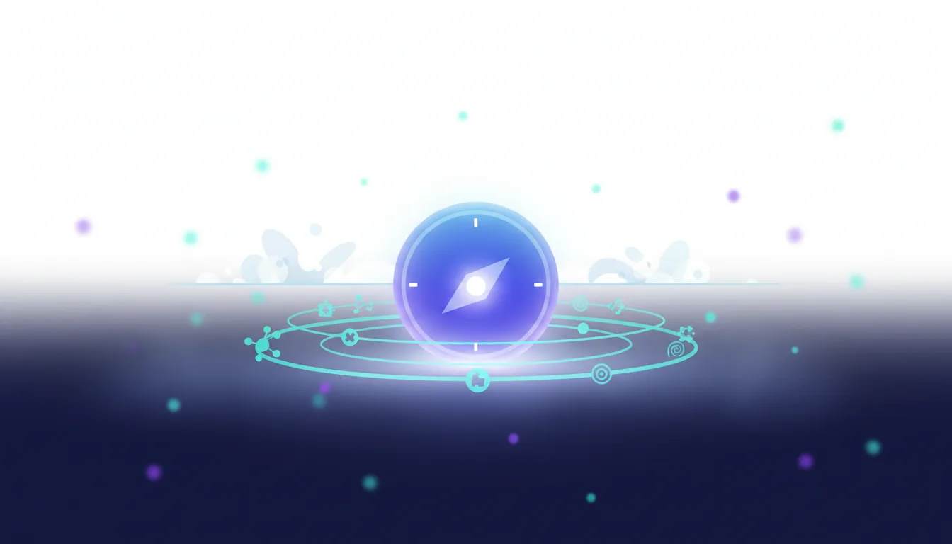 A glowing blue compass with a digital orbit of icons represents the challenge of verifying Artificial General Intelligence.
