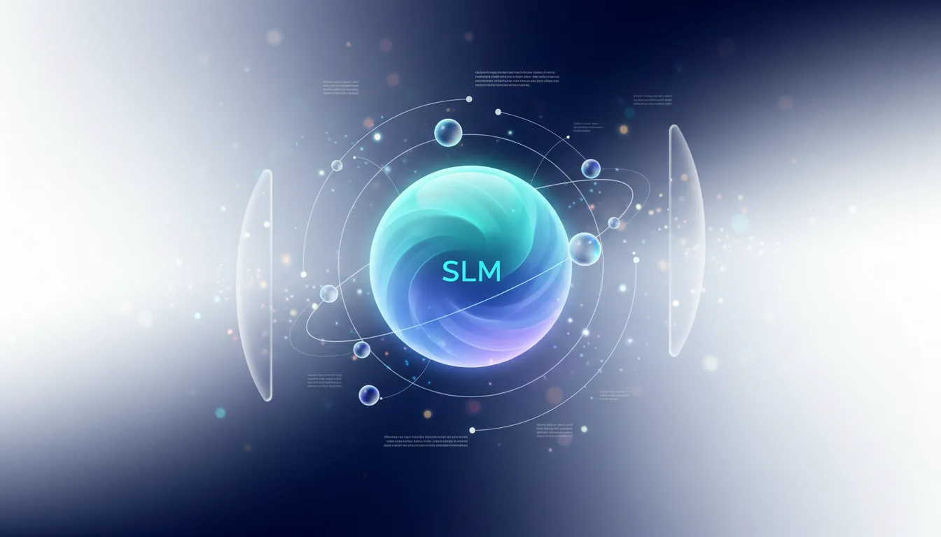 Abstract visualization of SLM technology with a central glowing sphere labeled SLM surrounded by orbiting elements and futuristic interfaces.