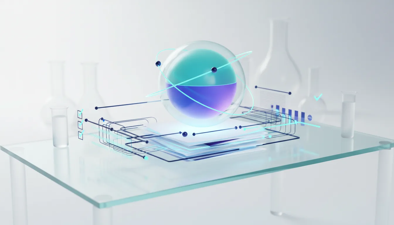 Abstract visualization of a glowing sphere with orbiting particles, surrounded by data streams and scientific glassware, representing AI in research.