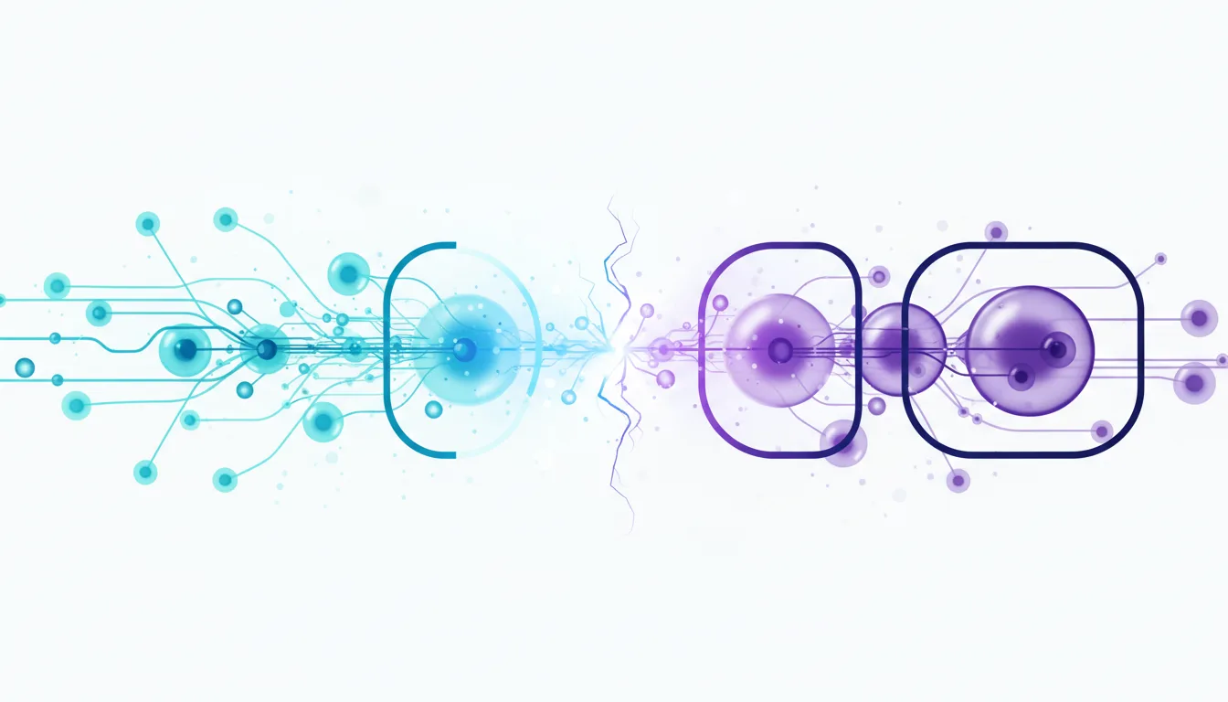 Abstract representation of two opposing AI systems, one blue and one purple, connected by digital pathways and energy bursts, symbolizing the AI advertising divide.
