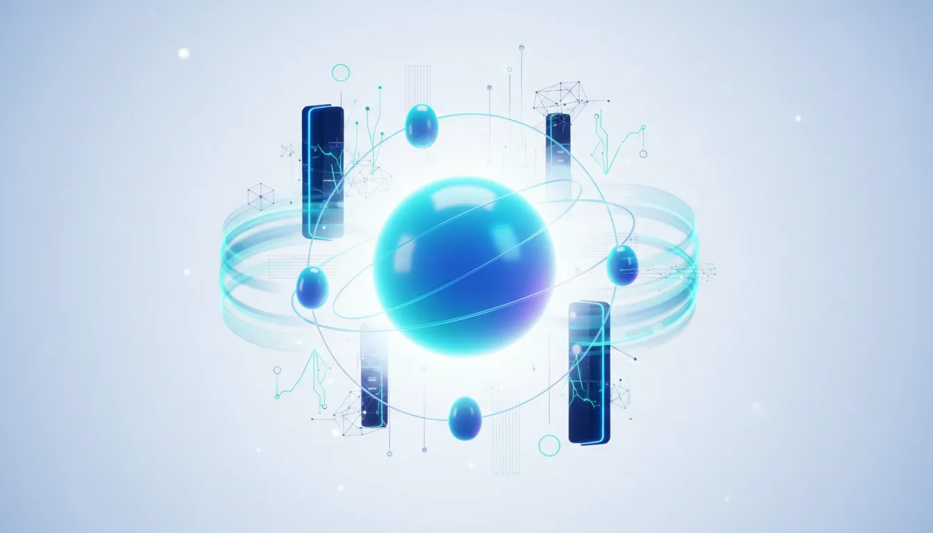Abstract visualization of AI agents collaborating around a central sphere, with data streams and network nodes.