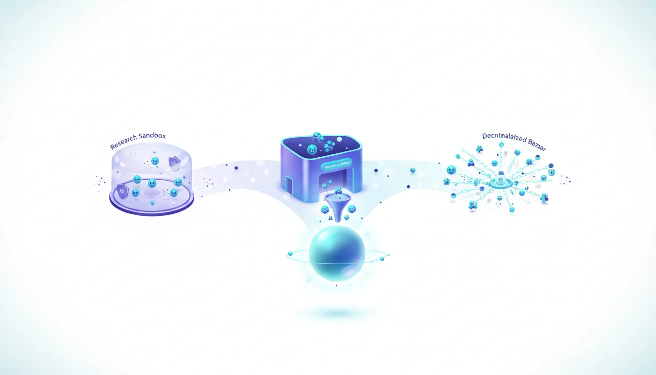 Illustration showing a research sandbox, a centralized marketplace, and a decentralized bazaar connected by pathways, representing AI agent market models.