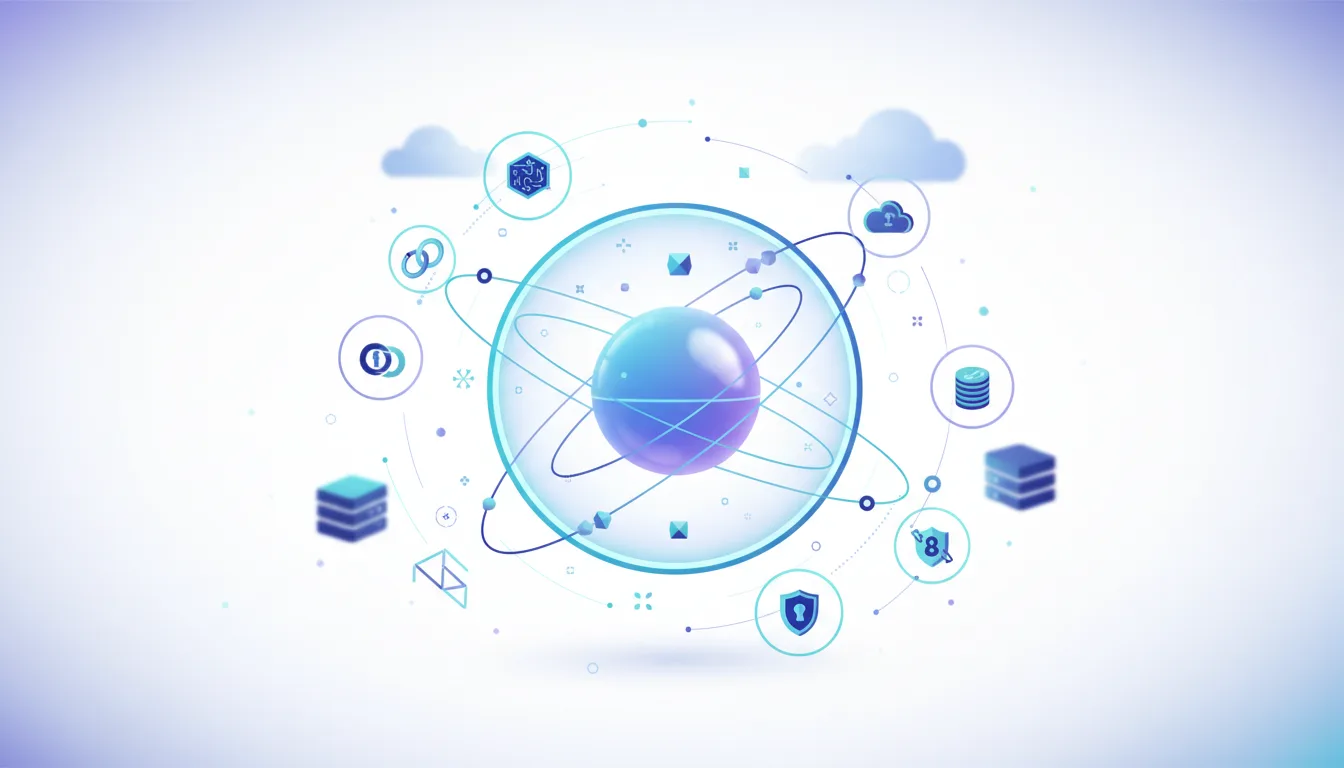 Abstract illustration of an atom with orbiting elements representing AI security concepts like cloud, data, and protection.