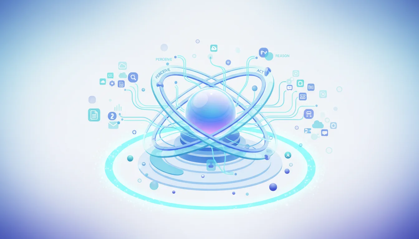 Abstract atomic structure with orbiting rings labeled Perceive, Reason, and Act, surrounded by digital icons representing AI functions and data.