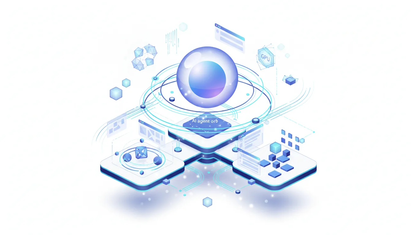 Abstract visualization of an AI agent orb at the center of a simulated training infrastructure with interconnected platforms and data streams.