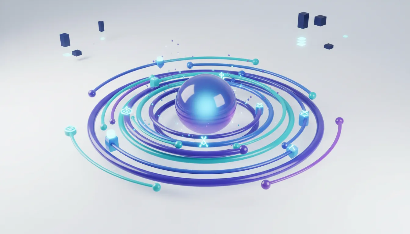 Abstract visualization of a central glowing sphere surrounded by concentric rings and cubes, representing AI agentic workflows and compute costs.