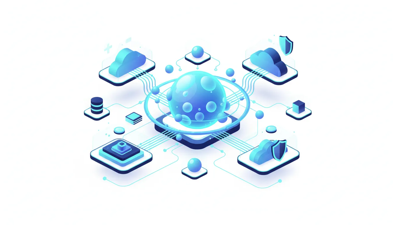 Abstract illustration of a central glowing sphere connected to various cloud, database, and security icons, representing enterprise AI agent platforms.
