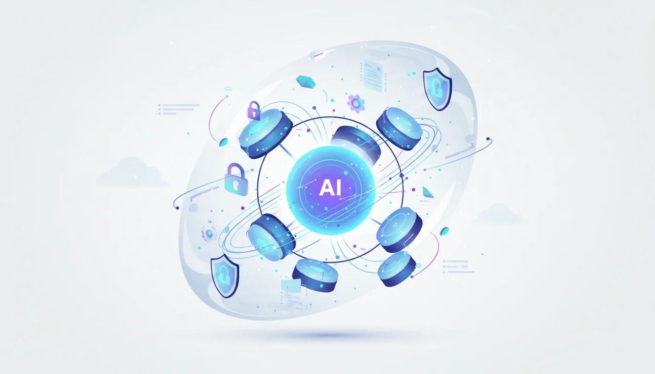 Abstract visualization of AI agents connected in a secure network with shield icons and locks representing security measures.