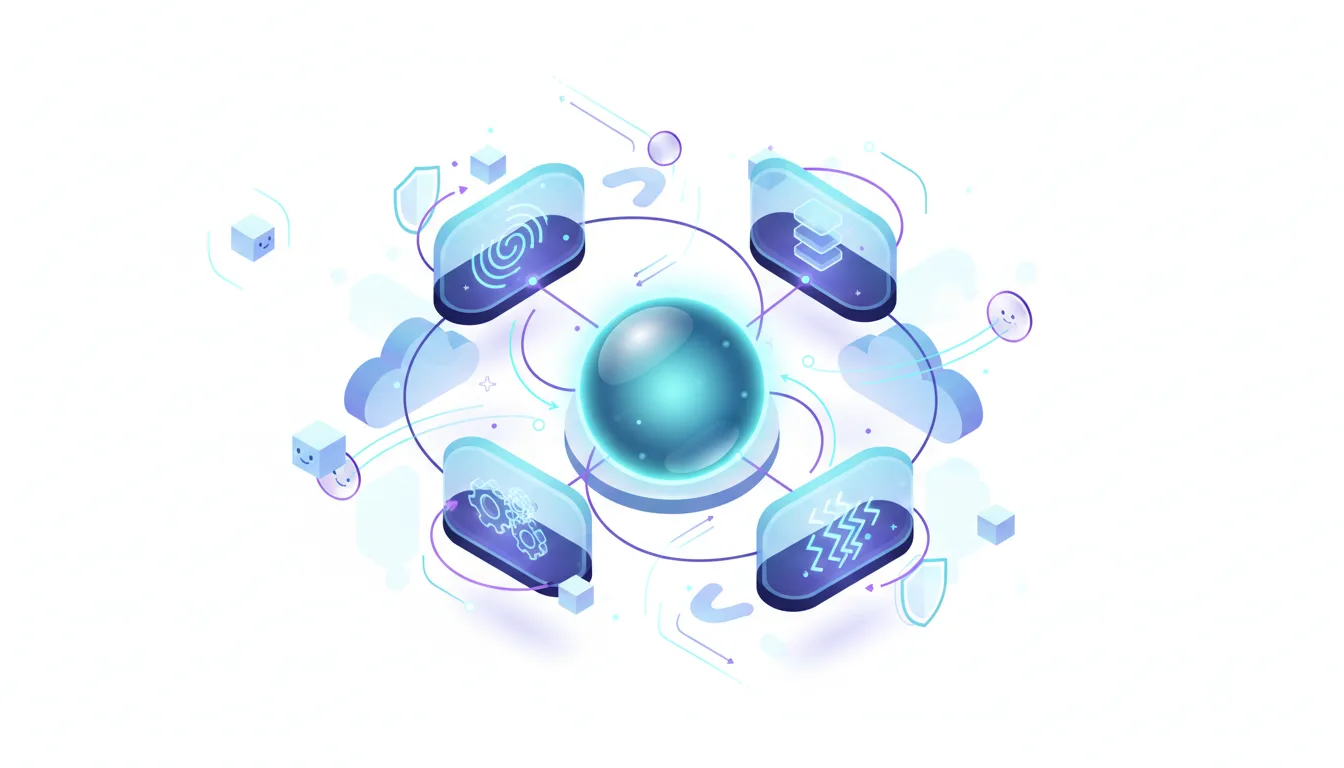 Central sphere connected to four modules representing AI agent capabilities like security, data, operations, and processing.