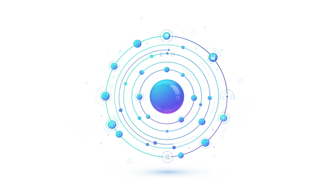 Abstract visualization of a central core with concentric circles and nodes, representing AI agent connectivity and security protocols.