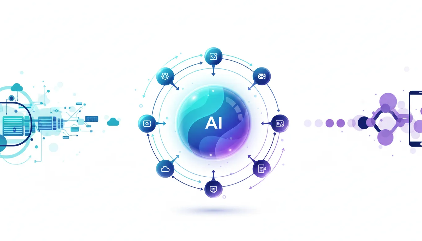 Central AI sphere with orbiting icons representing various functions like cloud, settings, camera, and email, connected by arrows indicating autonomous execution.