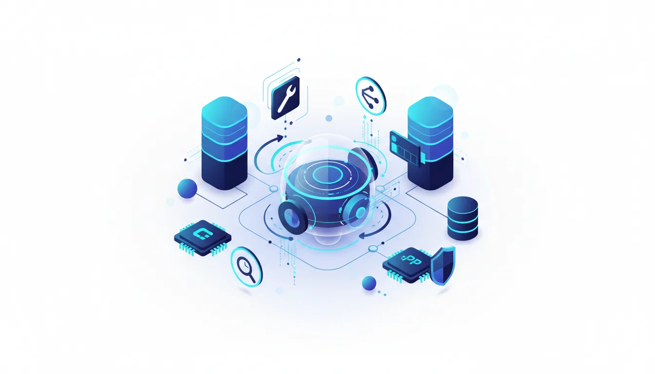 Abstract illustration of an autonomous AI agent core surrounded by servers, chips, and network icons, representing AI infrastructure and agent orchestration.