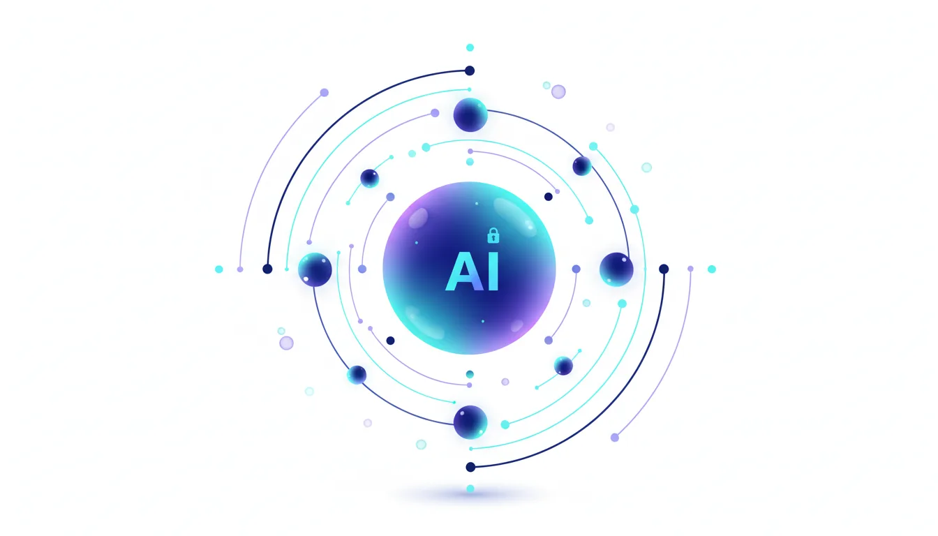 Abstract network visualization with a central sphere labeled AI, surrounded by interconnected nodes and glowing particles.
