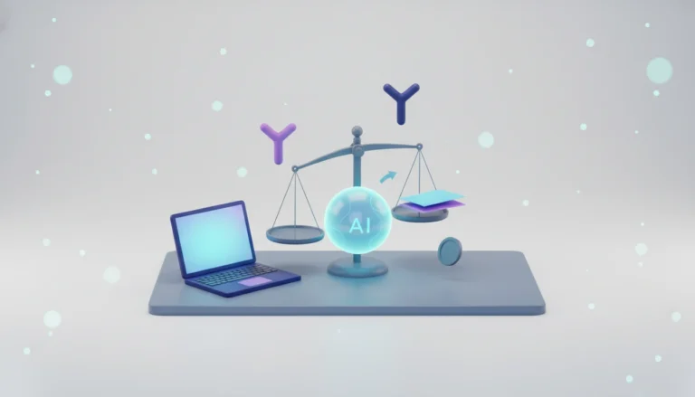 3D illustration of a glowing AI orb next to a balance scale tipped toward it, beside a laptop and two alternative report sheets