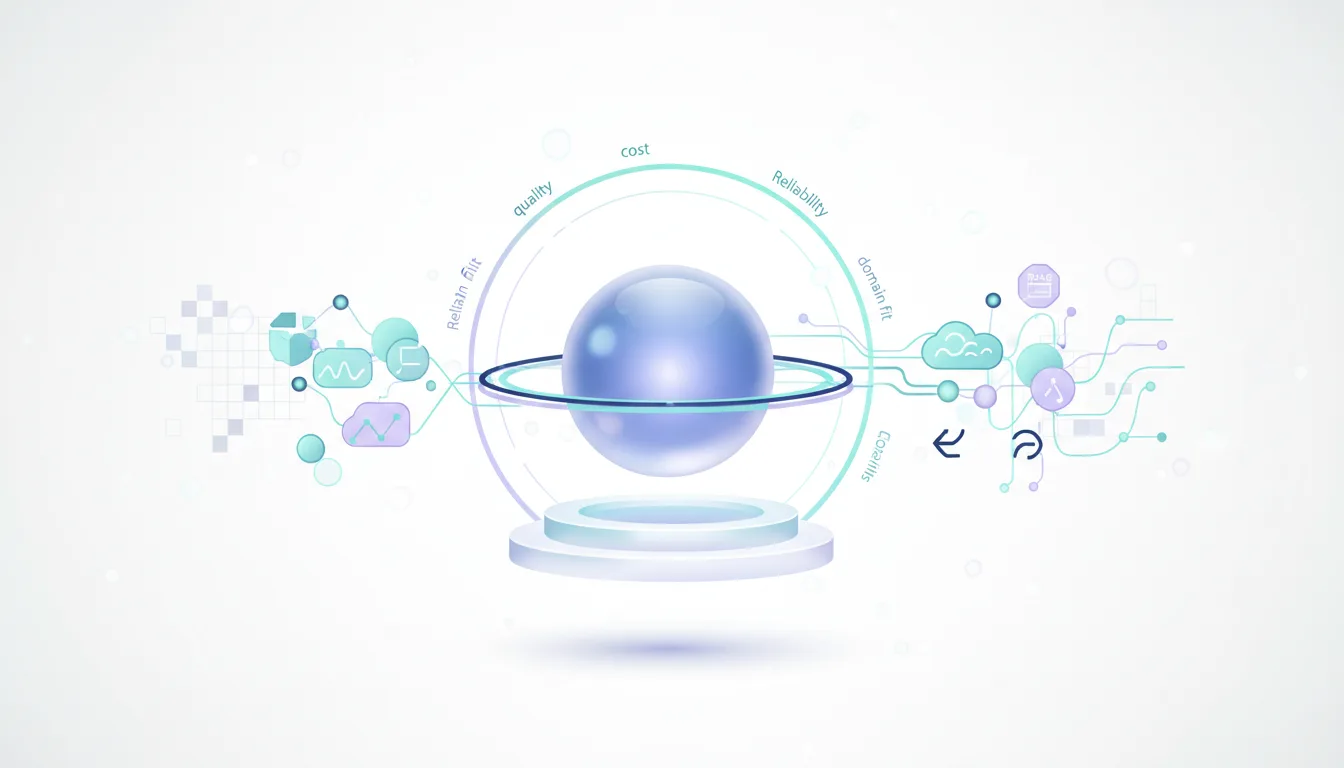Abstract visualization of AI evaluation metrics like cost, quality, reliability, and domain specificity surrounding a central sphere.