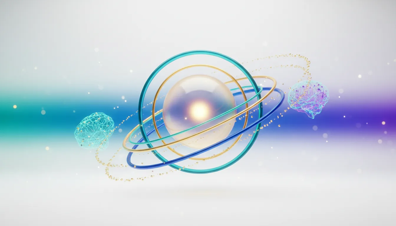 Abstract representation of AI wealth creation with interconnected brains orbiting a central glowing sphere and rings.