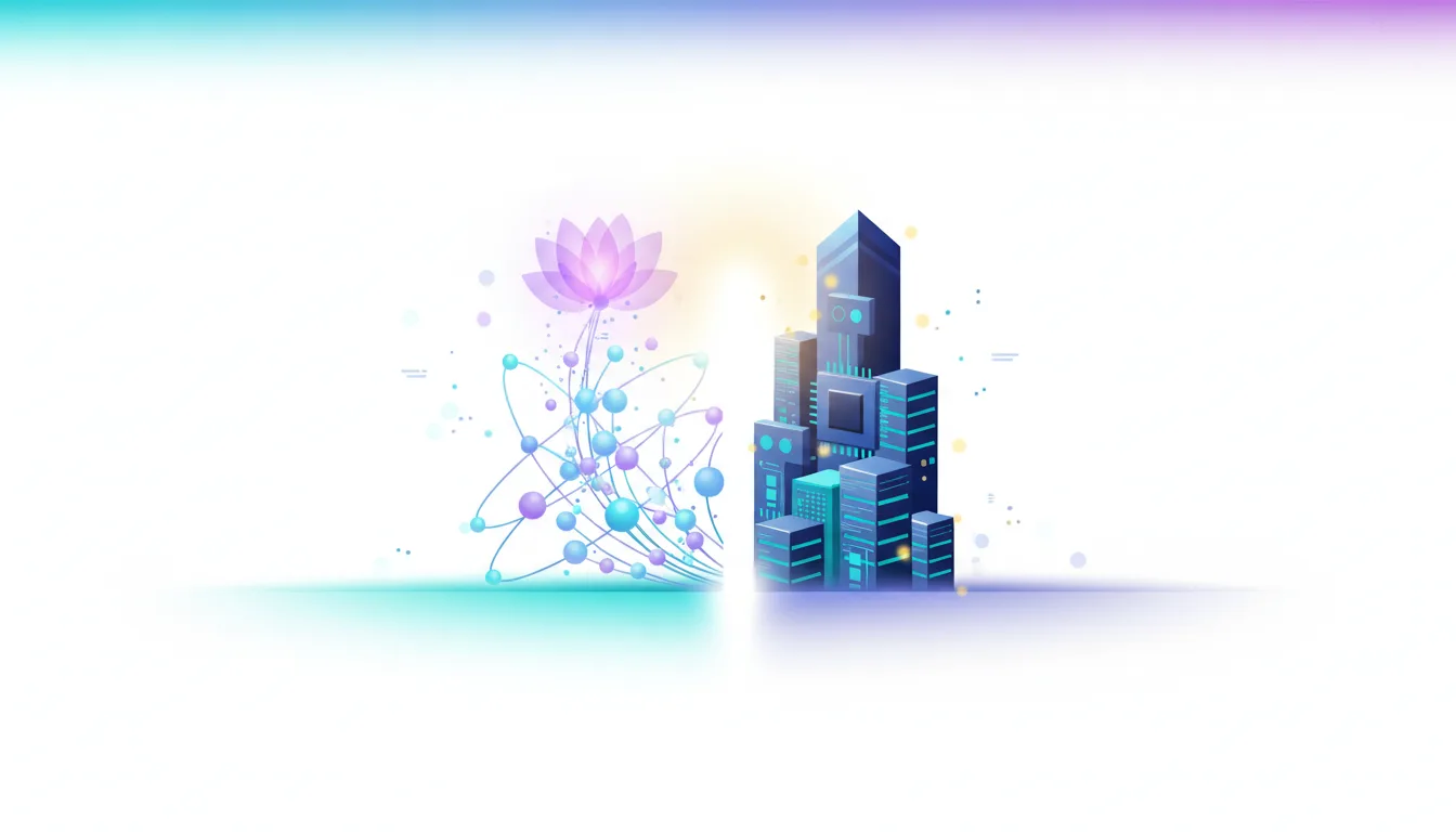 Abstract representation of AI growth with a lotus flower and atomic structure merging into a futuristic cityscape of data centers and microchips.