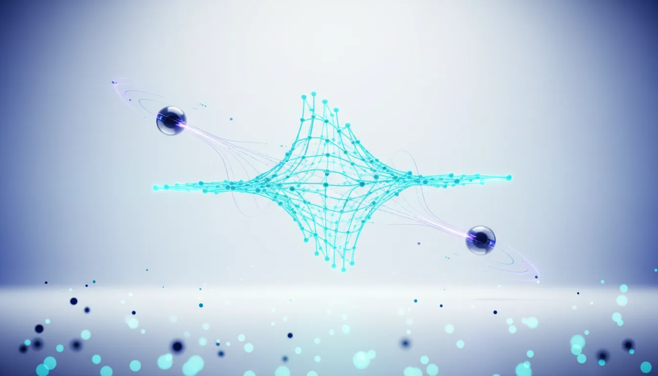 Abstract visualization of two glowing spheres connected by a complex network of blue lines and nodes, representing AI data flow.