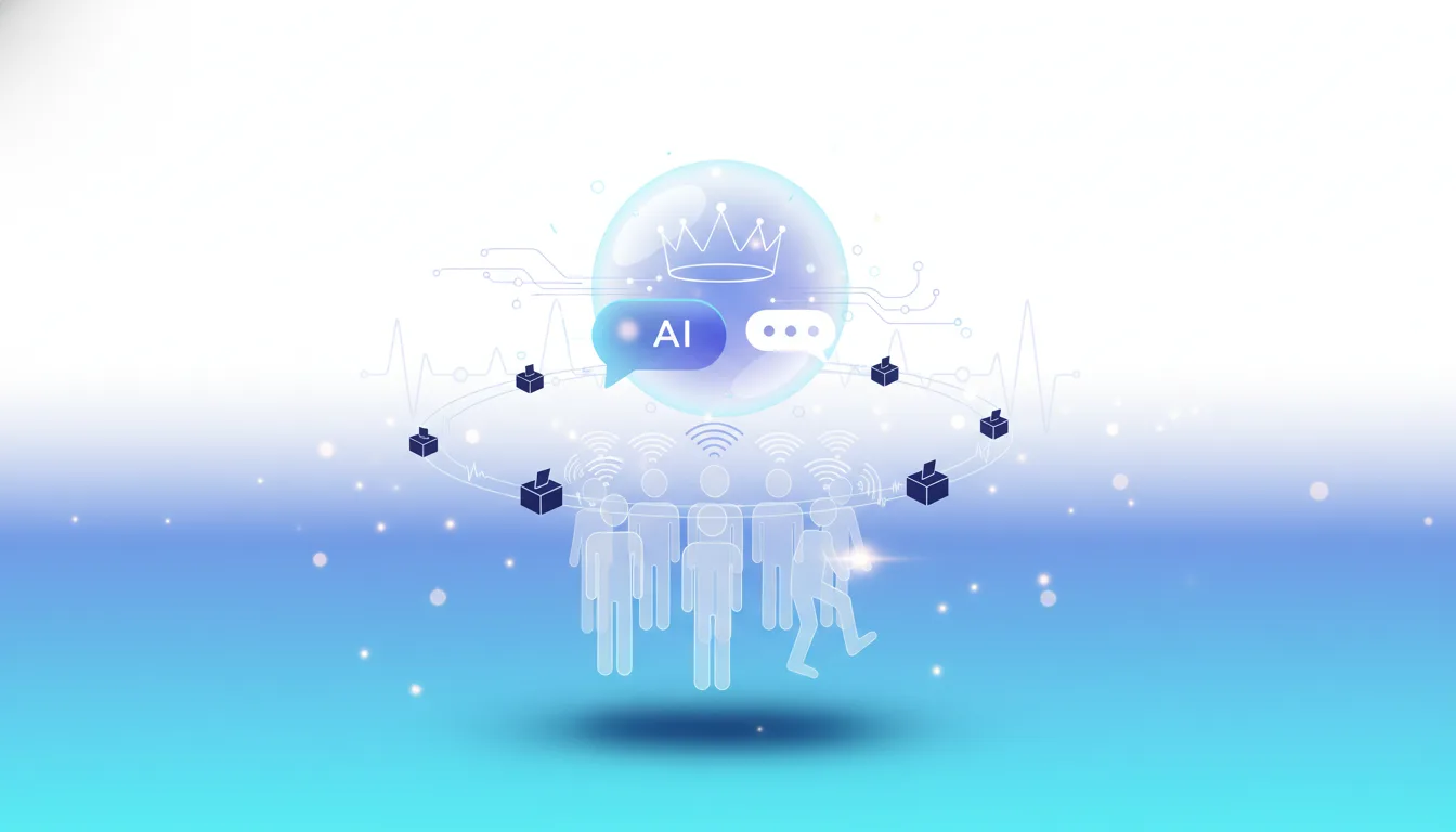 Stylized AI chatbot icon with a crown above a group of people connected by Wi-Fi, representing AI's influence on voters and elections.