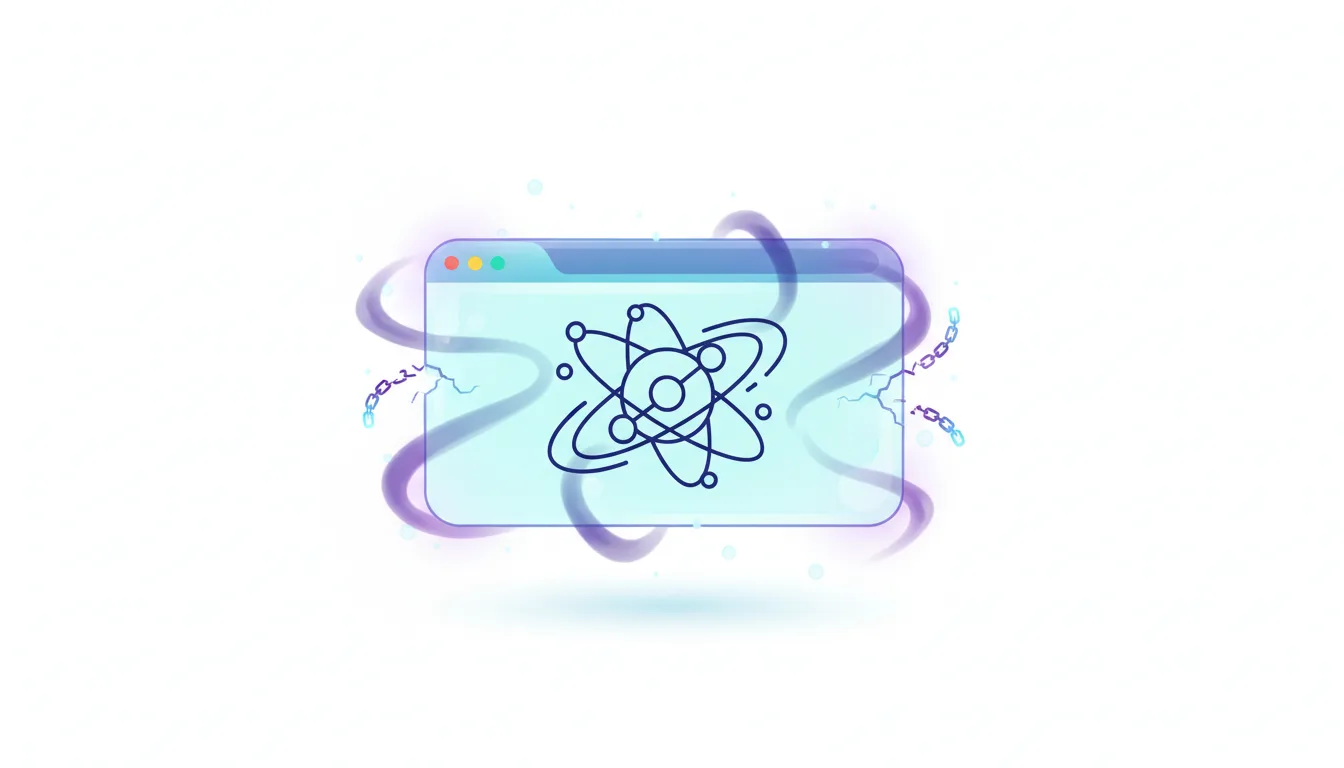 Browser window with an atomic model icon, surrounded by purple energy swirls and broken chain links, symbolizing AI browser security risks.