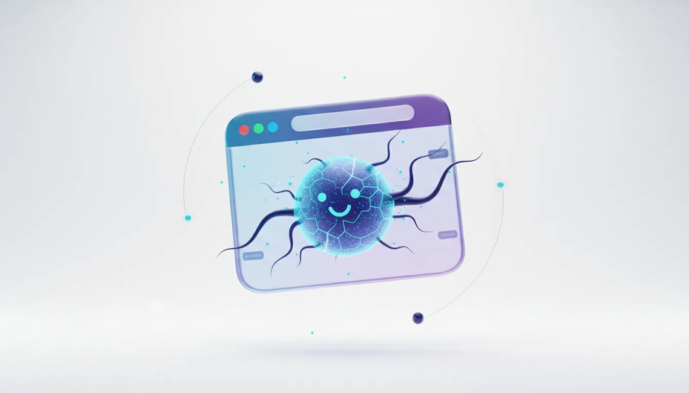 A stylized, glowing blue virus with a smiley face and tendrils emerges from a digital browser window, symbolizing AI security risks.