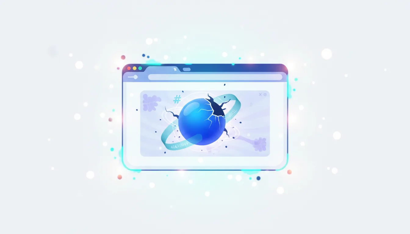 Browser window displaying a cracked blue sphere with a hashtag symbol, representing AI browser vulnerabilities and prompt injection attacks.