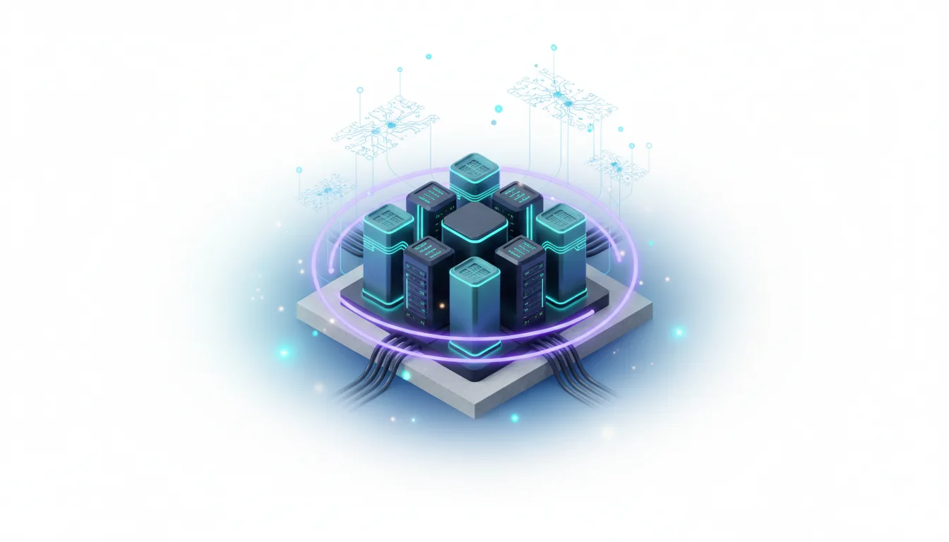 Isometric illustration of AI data center servers with glowing circuits and connections, representing AI infrastructure and its grounding role.