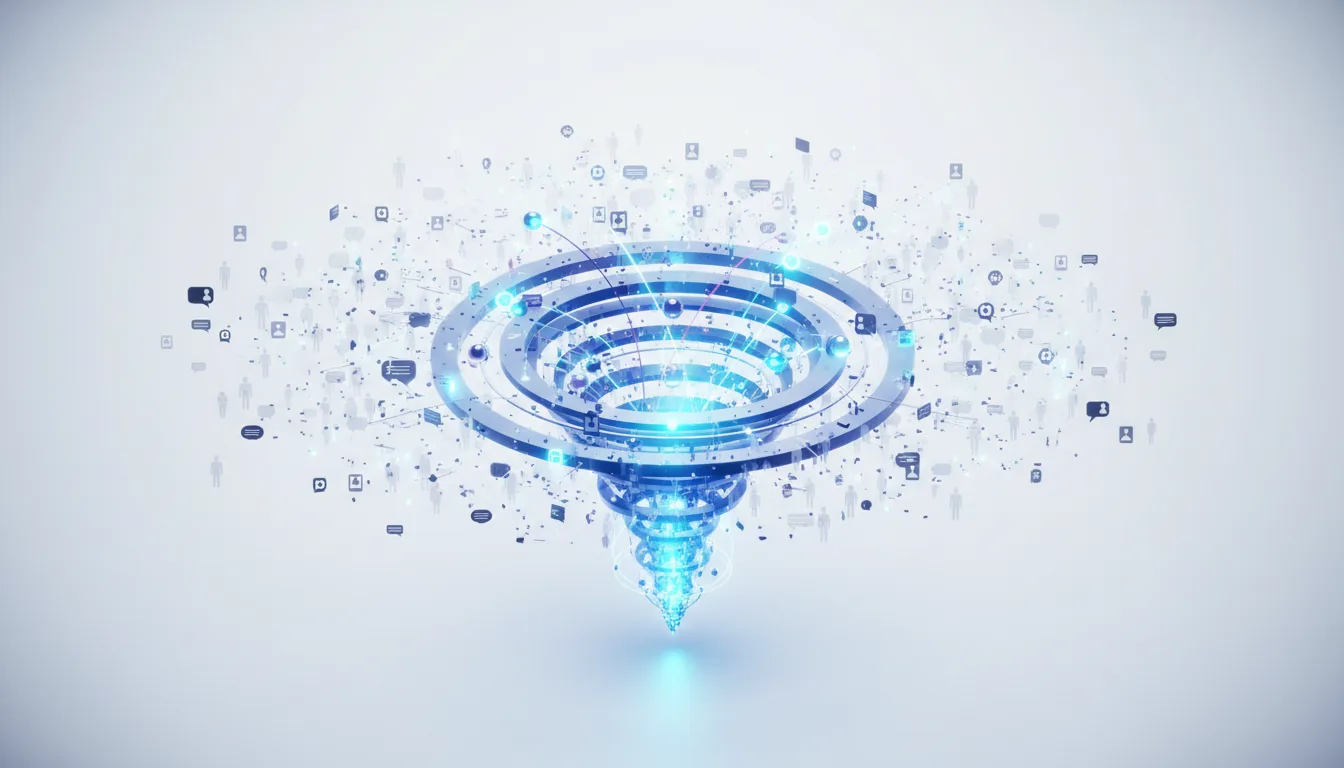 Abstract visualization of a glowing blue funnel surrounded by scattered digital icons representing people and social media, symbolizing AI awareness disparity.