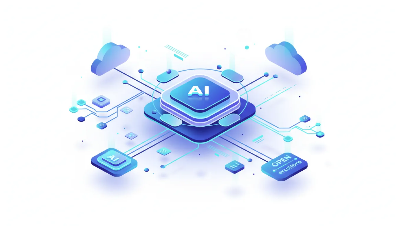 Abstract illustration of AI technology connecting cloud services and data centers with glowing blue circuits.