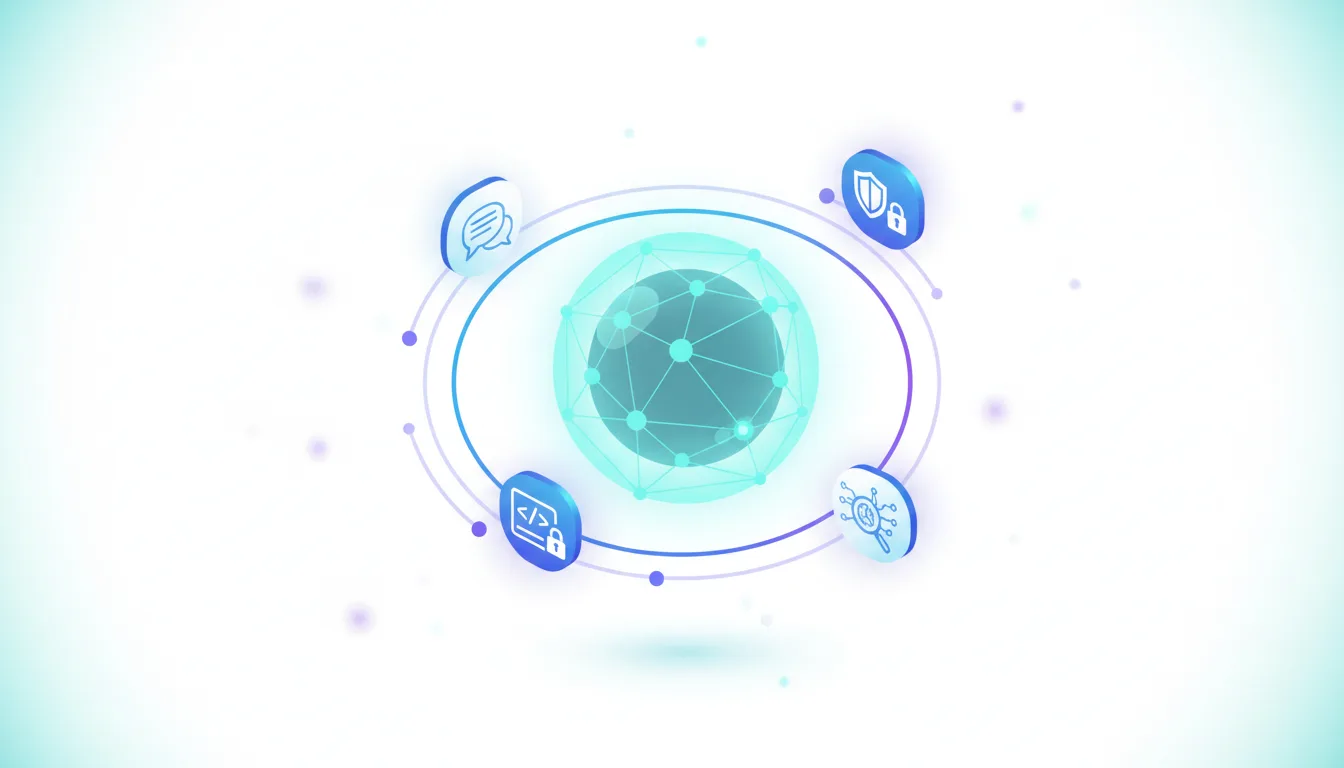 Abstract visualization of AI chatbot ecosystem with icons for chat, code, security, and search surrounding a central network globe.