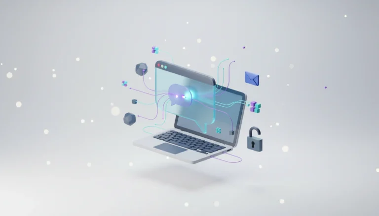 3D illustration of a chat bubble on a laptop with glowing threads leaking out toward small tracker beacons and an open padlock