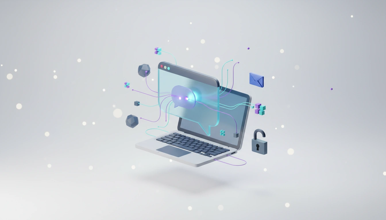 3D illustration of a chat bubble on a laptop with glowing threads leaking out toward small tracker beacons and an open padlock
