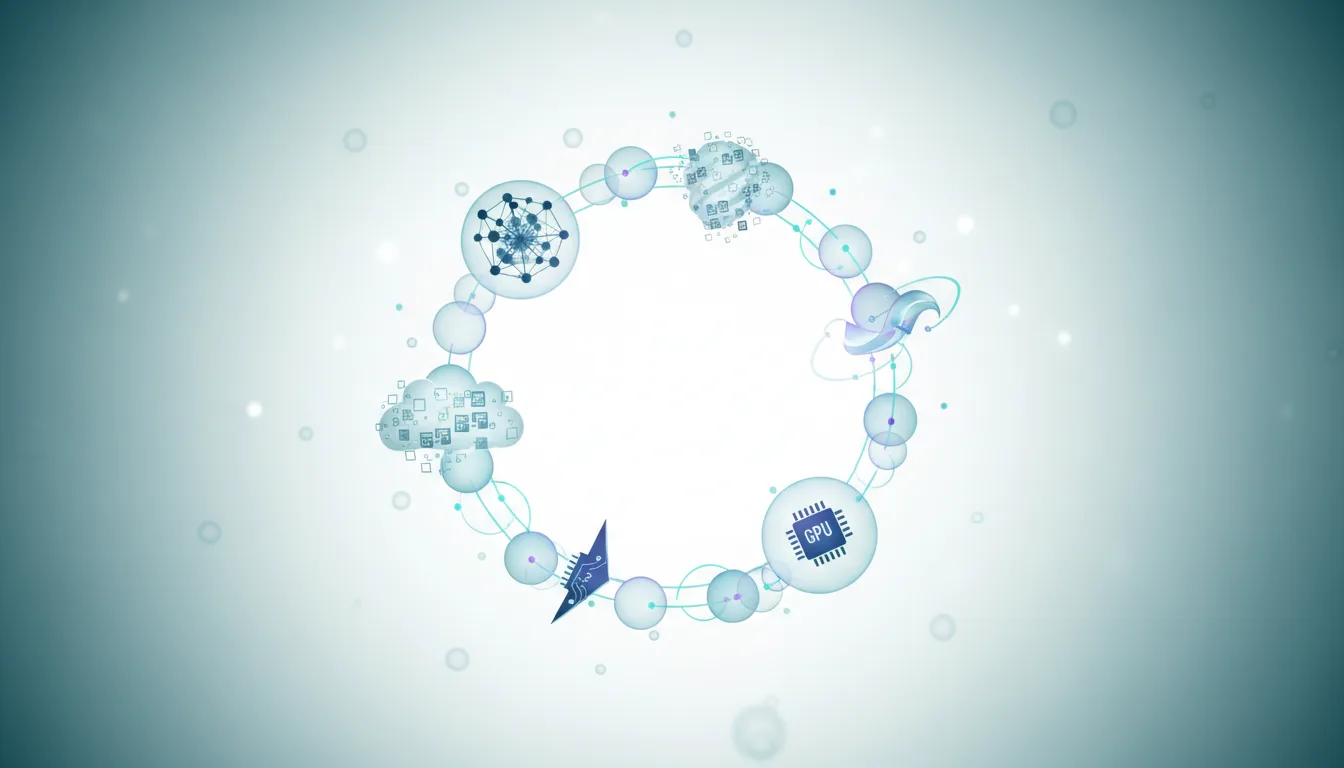 Abstract circular diagram illustrating AI infrastructure components like GPUs, clouds, and neural networks connected in a feedback loop.